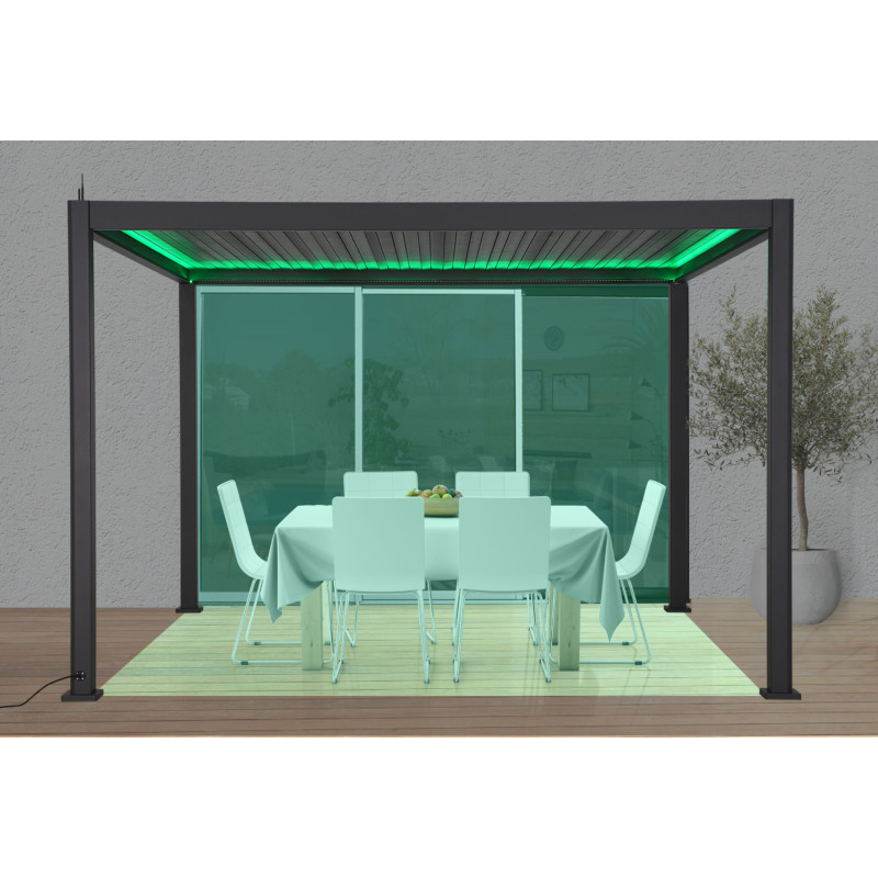 Pergola bioclimatique ALUMINIUM électrique équipée de rubans LED / Surface de protection : 11,83 m²