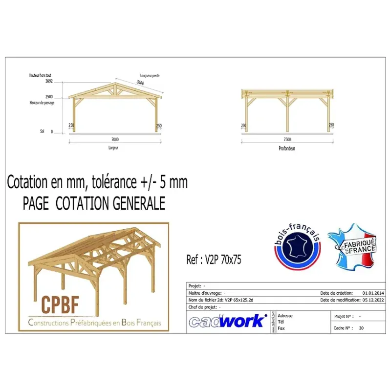 Carport en bois de 52.5m2 fabriqué en france -CPBF-