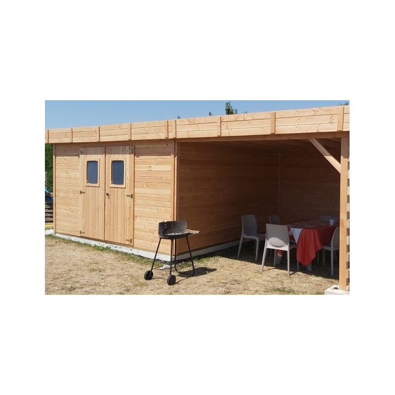 Abri DINAN avec terrasse couverte bois Douglas 28 mm toit plat avec bac acier